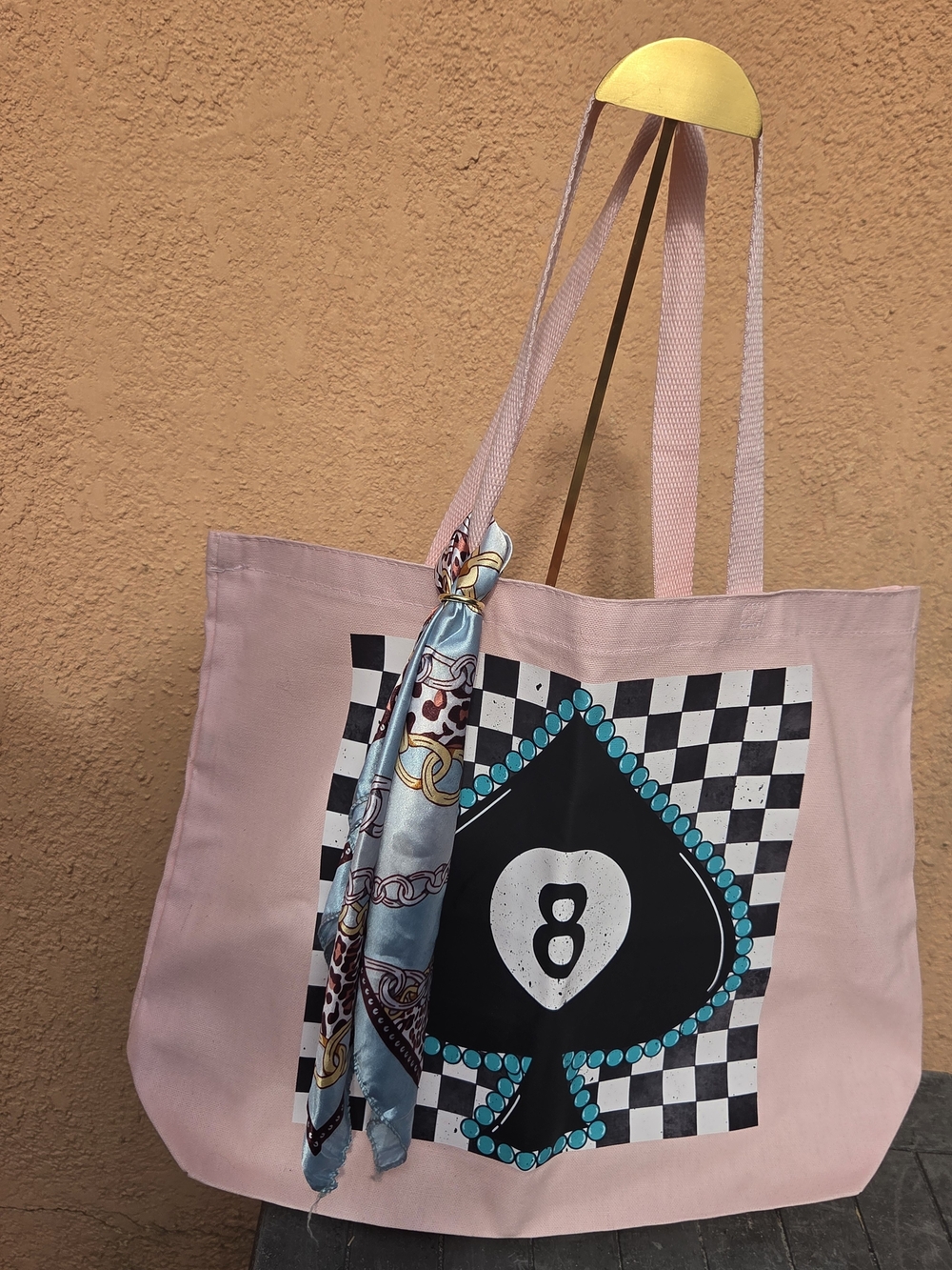 Pink Graphic Tote Bag with Scarf Accent
